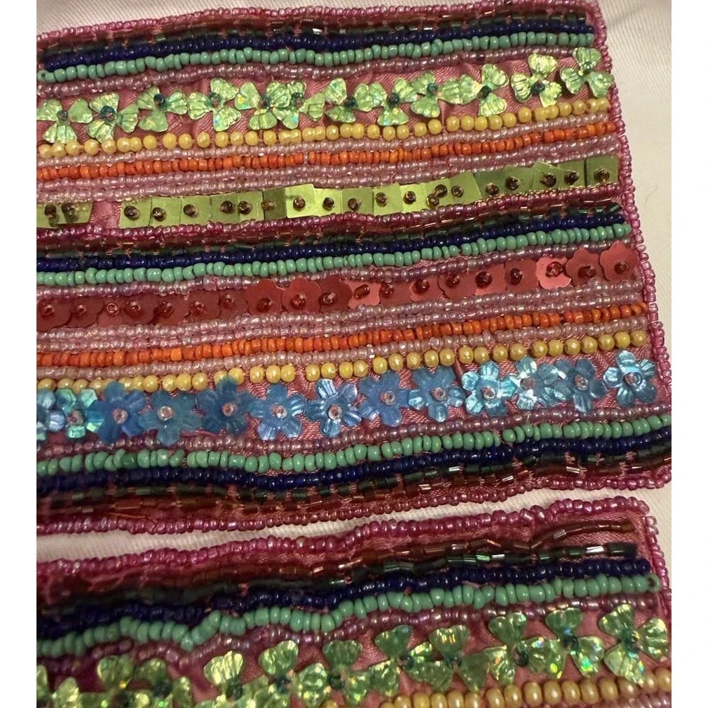 Beautiful Vintage Beaded Multi Colored Square Coasters In A Drawstring Bag.